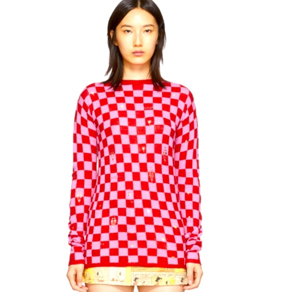 Marc Jacobs Sweaters - RARE MARC JACOBS sz M cashmere/wool pink & red checked crewneck sweater distress